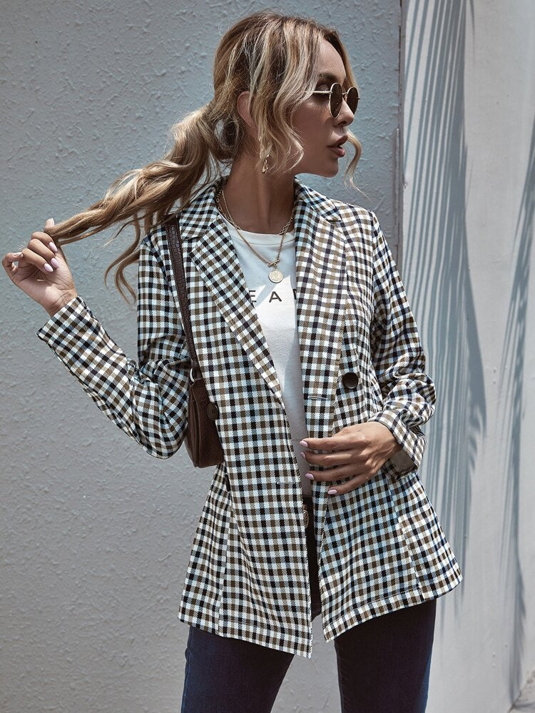 Plaid Lapel Neck Double Button Blazer | SHEIN
