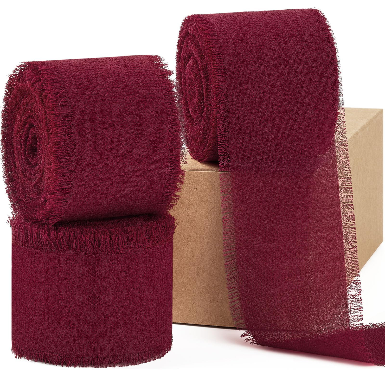 Burgundy Chiffon Ribbon 1.5 Inch x 3 Rolls Total 21 Yards Handmade Fringe Silk Chiffon Fabric Rib... | Amazon (US)