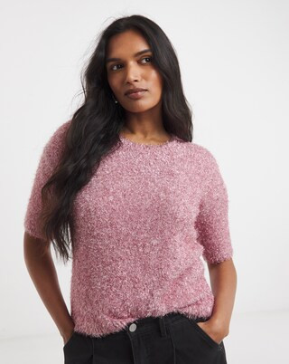 Simply Be Pink Tinsel Knitted Short Sleeve Jumper | Simply Be | Simply Be (UK)