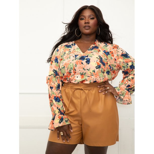 ELOQUII Elements Women's Plus Size Soft Gathered Yoke Blouse | Walmart (US)