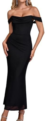 GLNEGE Womens Off the Shoulder Corset Formal Wedding Guest Maxi Dress Ruched Bodycon Long Cocktai... | Amazon (US)
