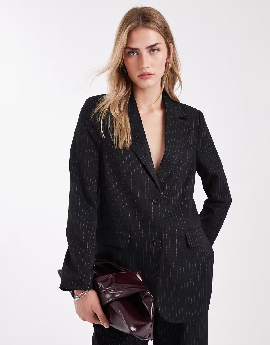 ONLY single breasted oversized blazer in black pinstripes - part of a set | ASOS (Global)