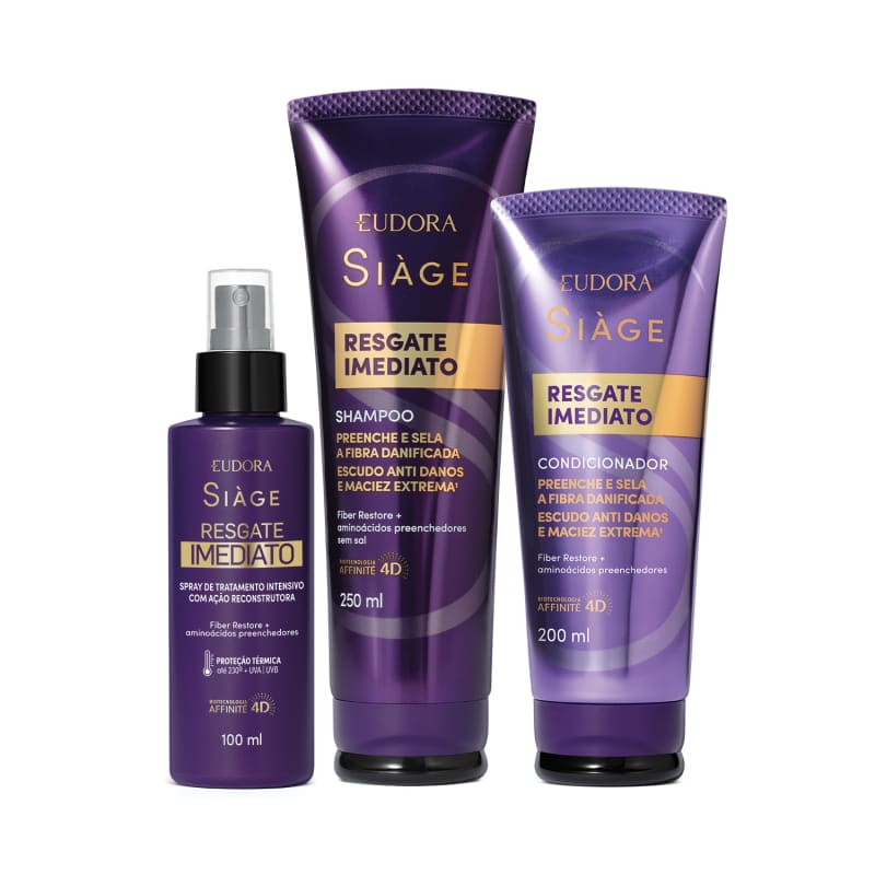 Combo Siàge Resgate Imediato: Shampoo 250ml + Condicionador 200ml + Leave-In 100ml | Eudora | Eudora (BR)