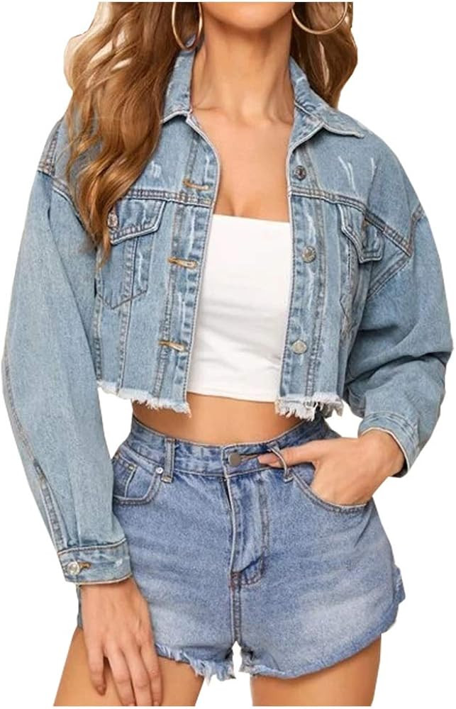 LifeShe Women Cropped Ripped Distressed Denim Jean Jacket Coat Fringe with Frayed Hem | Amazon (US)