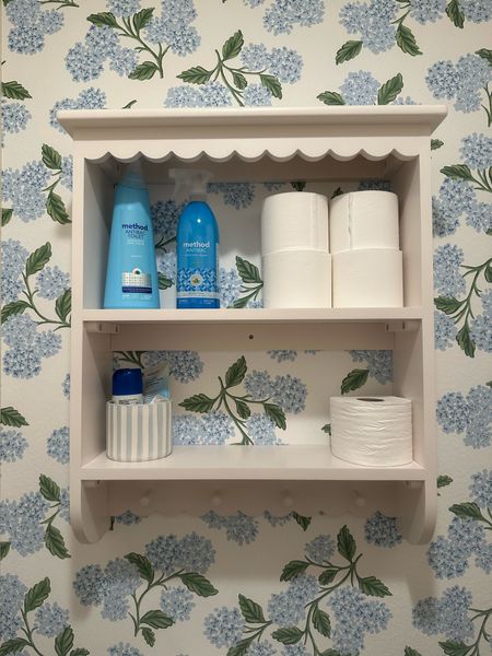 Scallop white shelf storage bathroom
Storage over toilet storage 

#LTKhome #LTKfamily