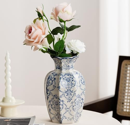 Blue and White Vase, Vintage Blue Ceramic Flower Vessel,Ceramic vases for Home Decor,Vintage Green and Beige for Console Table Mantle Chinoiserie Decor (Blue and White-01, Large) | Amazon (US)