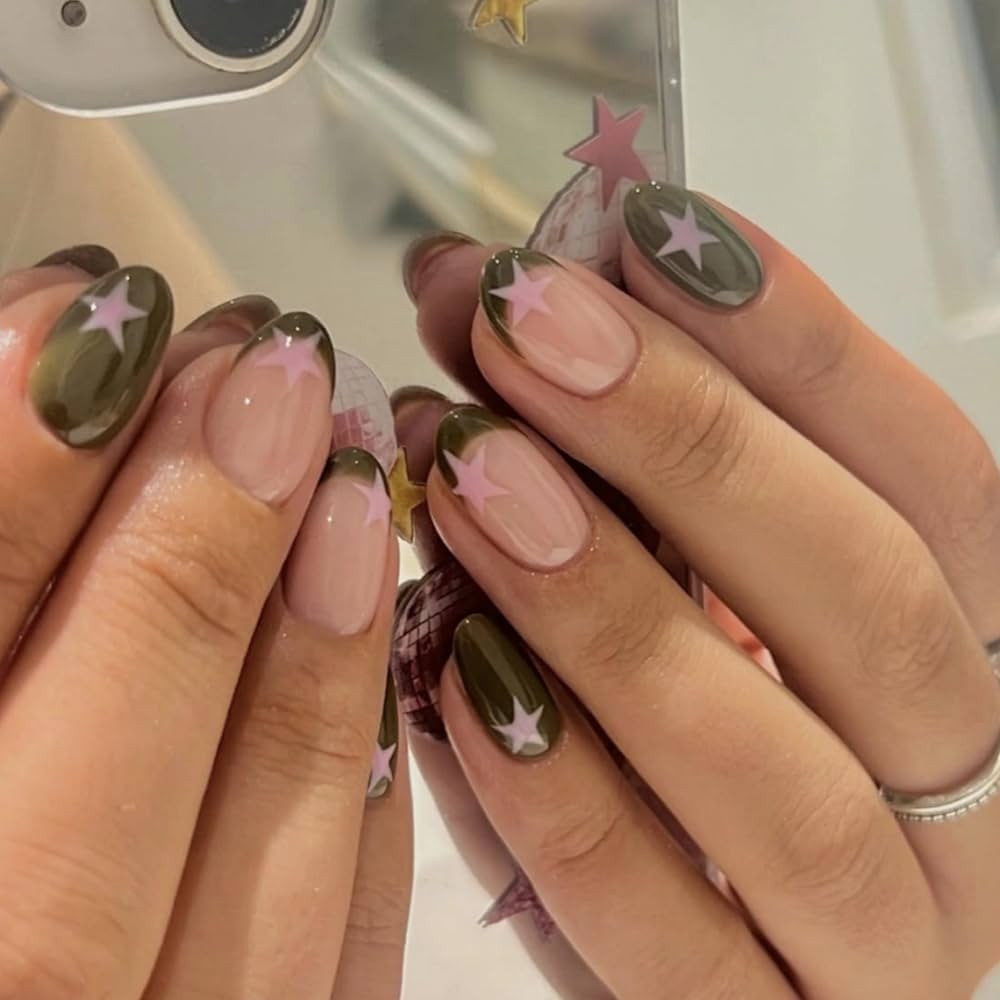 MERVF Oval Press on Nails Medium Green French Tip Fake Nails Pink Star Design Glue ons Round Y2K ... | Amazon (US)