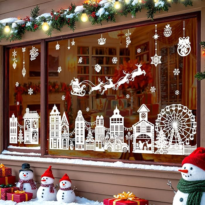 wondever White Christmas Town Window Clings Winter House Street Scene Glass Sticker Decal Anti Co... | Amazon (US)