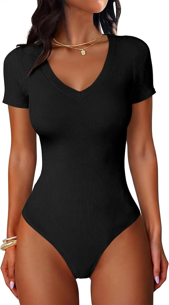 ANRABESS Bodysuits for Women V Neck Short Sleeve Body Suit Tops Slim Fit Ribbed Knit Soft Basic T... | Amazon (US)