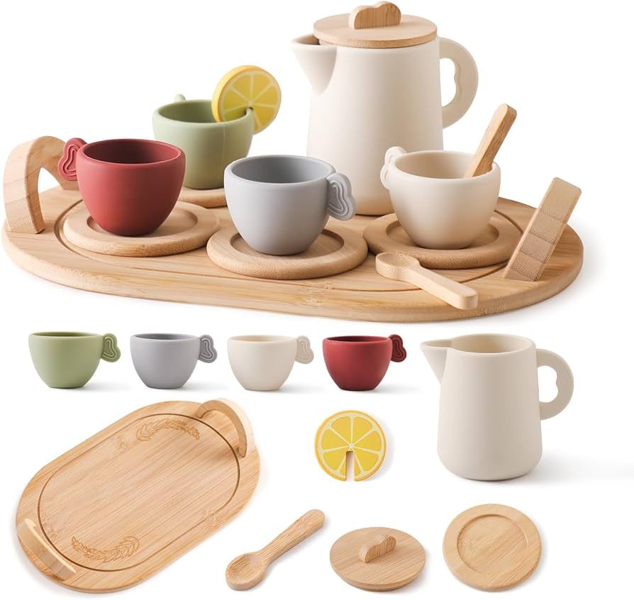 Wooden Tea Party Set for Little Girls 14pcs Toddler Tea Set with Silicone Teapot Cups Carrying Tr... | Amazon (US)