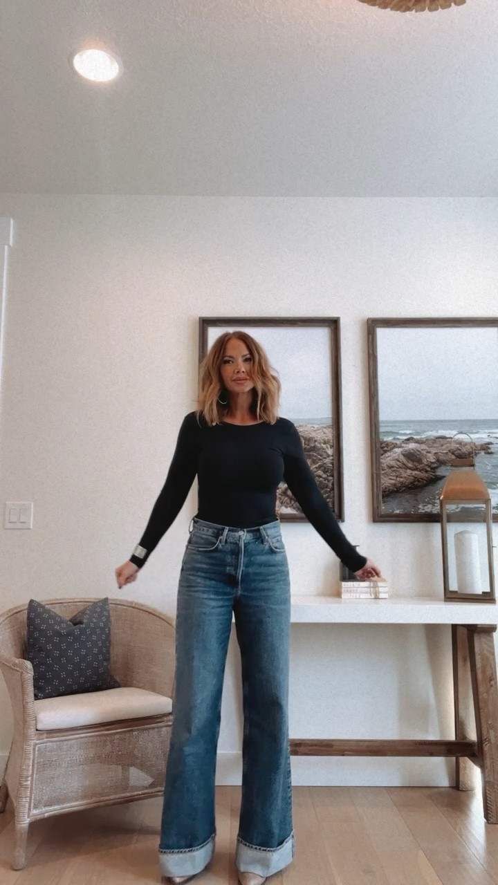 Cutest cuffed denim for longer legs! Top is a bodysuit from Spanx! Code BETSYXSPANX works for a discount too! Sized down in pants no stretch. Top is TTS wearing a medium  