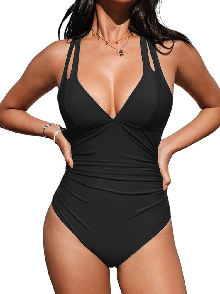 CUPSHE Women's One Piece Swimsuit Tummy Control Deep V Neck Double Straps Crisscross Back Tie Bat... | Amazon (US)