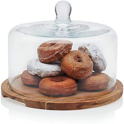 Libbey Acaciawood Flat Round Wood Server Cake Stand with Glass Dome | Amazon (US)