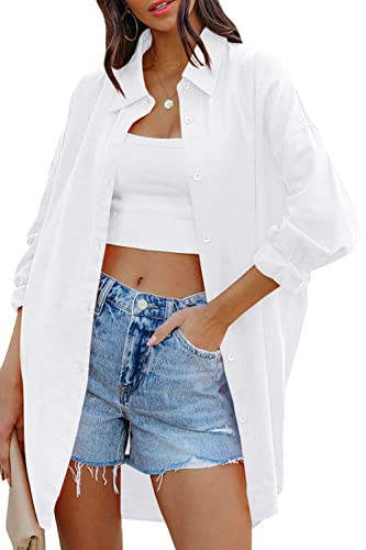 FSHAOES Womens Oversized Button Down Shirts Casual Loose Long Sleeve Solid Lapel Long Blouses Top... | Amazon (US)