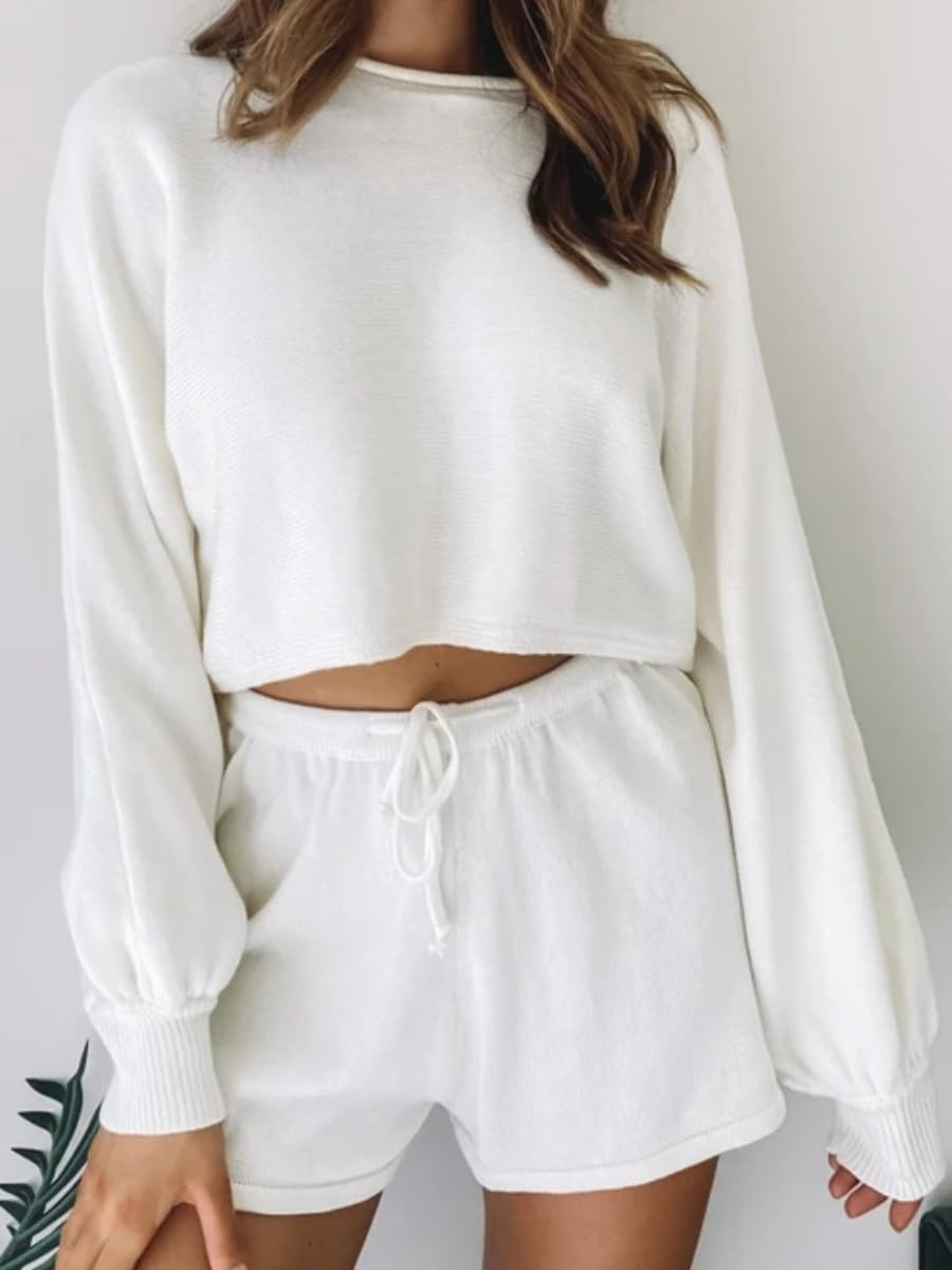 Women's 2 Piece Outfit Solid Color Knitted Long Sleeve Top and Drawstrings Shorts Sets | Amazon (US)