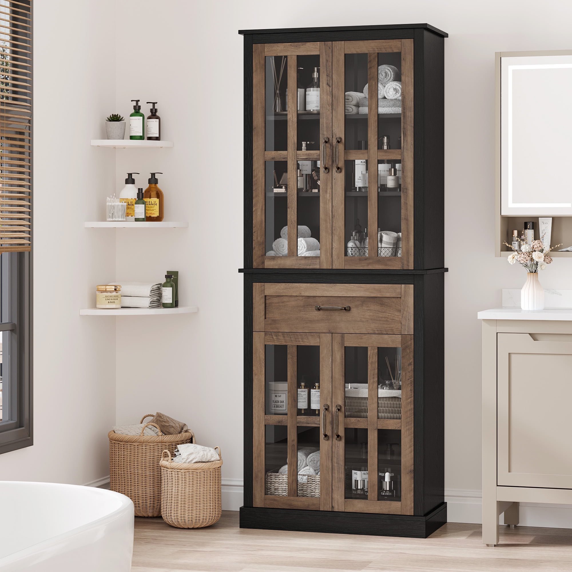 Homfa 71'' H Bathroom Linen Cabinet with Glass Doors, Wood Pantry Cabinet with Adjustable Shelves... | Walmart (US)