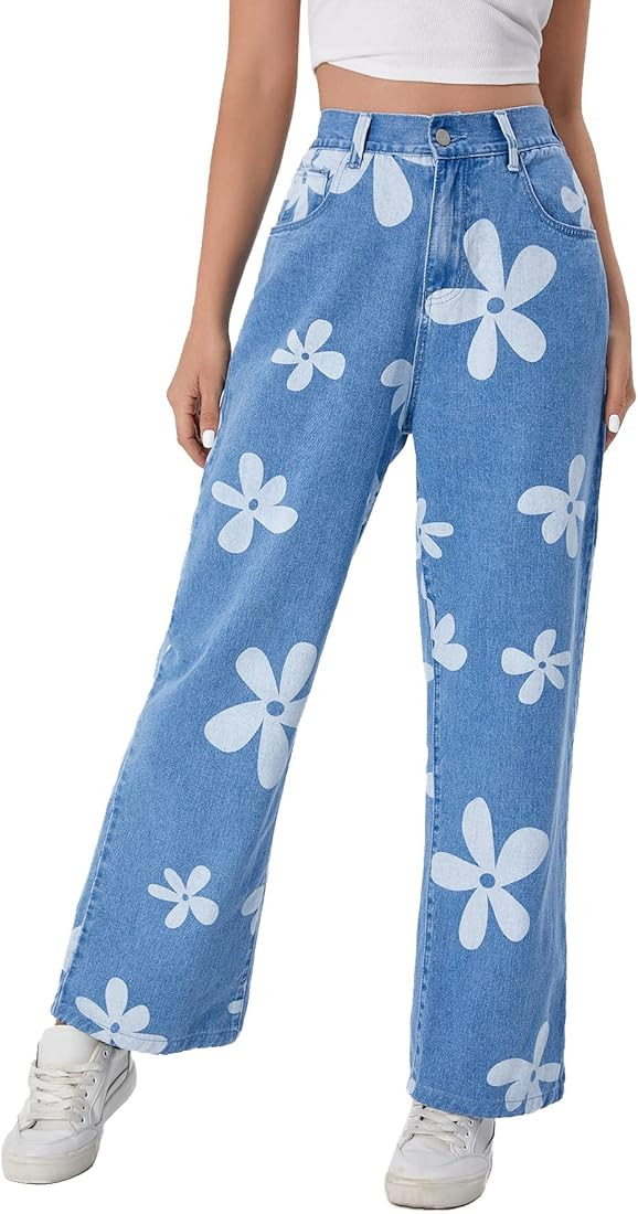 SweatyRocks Women's Casual Loose High Waist Solid Straight Wide Leg Jeans | Amazon (US)