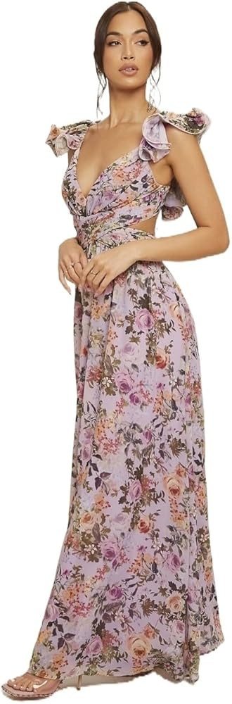 Summer Dresses for Women 2023 Floral Print Sweetheart Neck Lace Up Backless Ruffle Trim Dress | Amazon (US)