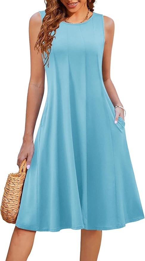 HOTOUCH Summer Casual Dresses for Women Sleeveless Midi Dress Swing Tank Sundress Pleated Tshirt ... | Amazon (US)