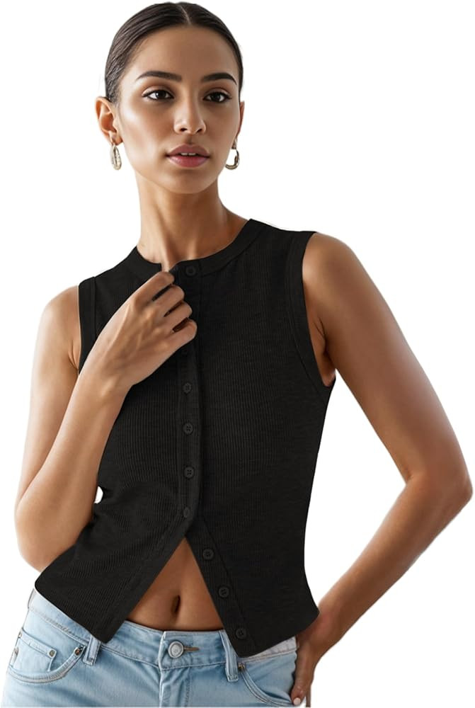 Women’s Button Down Tank Tops Ribbed Summer Vest Button Up Open Front Sleeveless Slim Fit Crop ... | Amazon (US)