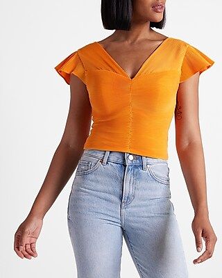 Pleated Flutter Sleeve Cropped Top | Express