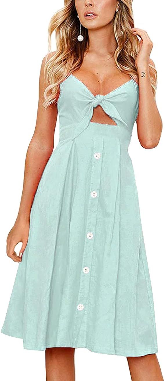 FANCYINN Womens Floral Prints Tie Front Button Down Spaghetti Strap Midi Dress | Amazon (US)