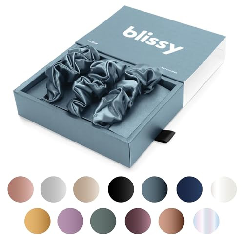 Blissy Silk Scrunchies (3 Pack) - 100% Pure Mulberry Silk - 22 Momme 6A High-Grade Fibers Scrunchie for Straight & Curly Hair - Preventing Breakage, Tangling, & Creasing (Ash Blue Regular) | Amazon (US)