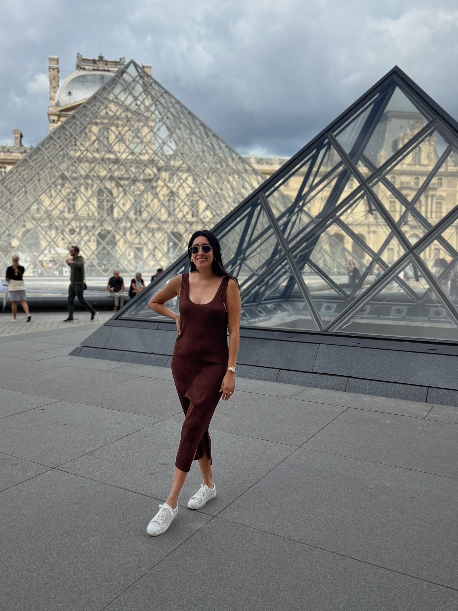 travel outfit: brown sweater dress with comfy white sneakers | 📍paris, france 🇫🇷 

#LTKeurope #LTKtravel