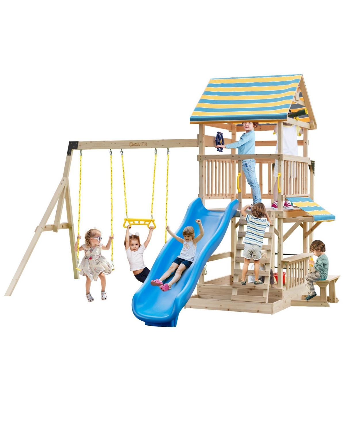 Costway Backyard Wooden Swing Set Slide Playset for Kids Outdoor Climbing Wall Sandpit - Natural | Macy's