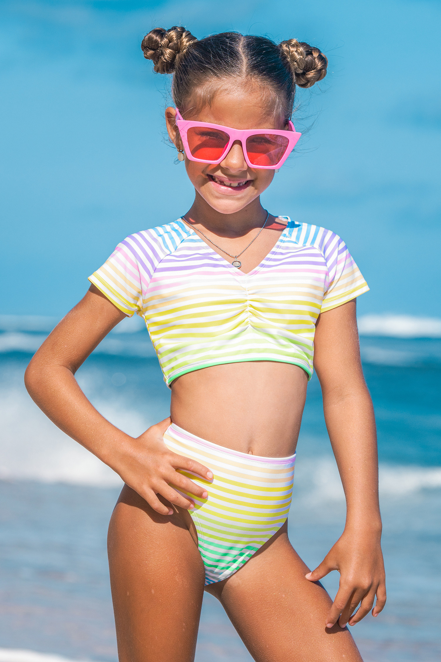 Rainbow Striped Short Sleeve Swim Top & Bottoms Set | Cupshe US