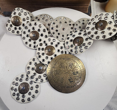 VTG Moroccan Hip Belt White Leather Brass & Rivets Adjustable Boho Disc Concho | eBay US