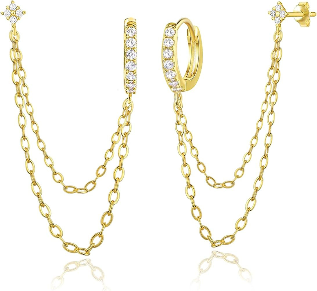 925 Sterling Silver Gold Plated Four Zircons Flower Stud Chain Earrings | Double Piercing Dangle ... | Amazon (US)