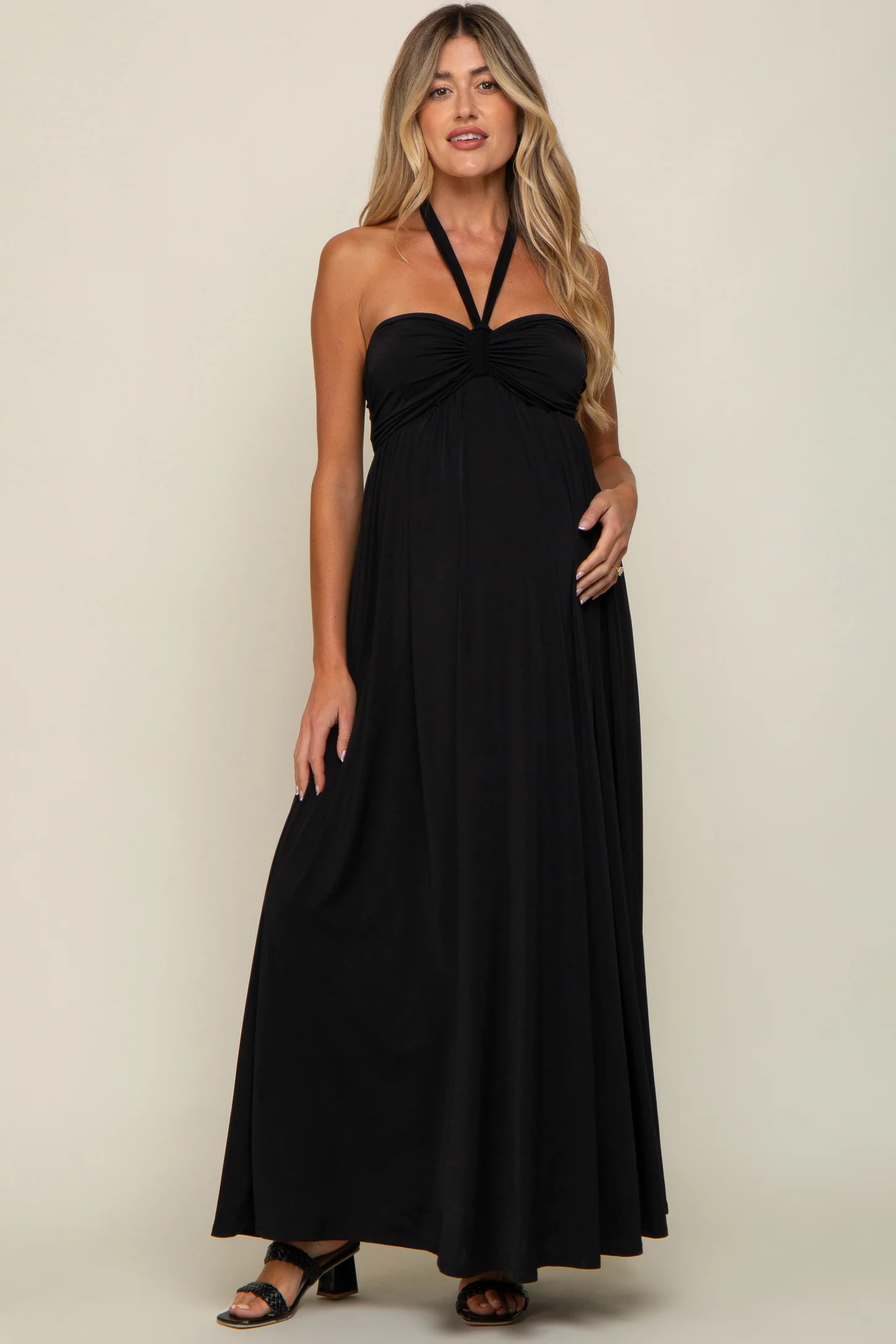 Black Front Knot Halter Maternity Maxi Dress | PinkBlush Maternity