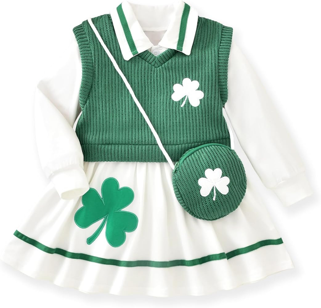 Toddler Girl Long Sleeve Button Down Collared Shirt Dress Sleeveless Vest Sweatshirt with Cute Ba... | Amazon (US)