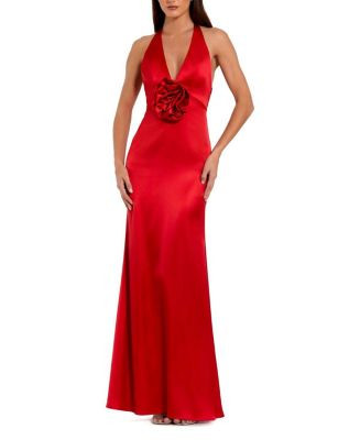 Fitted Satin Sleeveless Halter Gown With 3D Flower | Bloomingdale's (US)