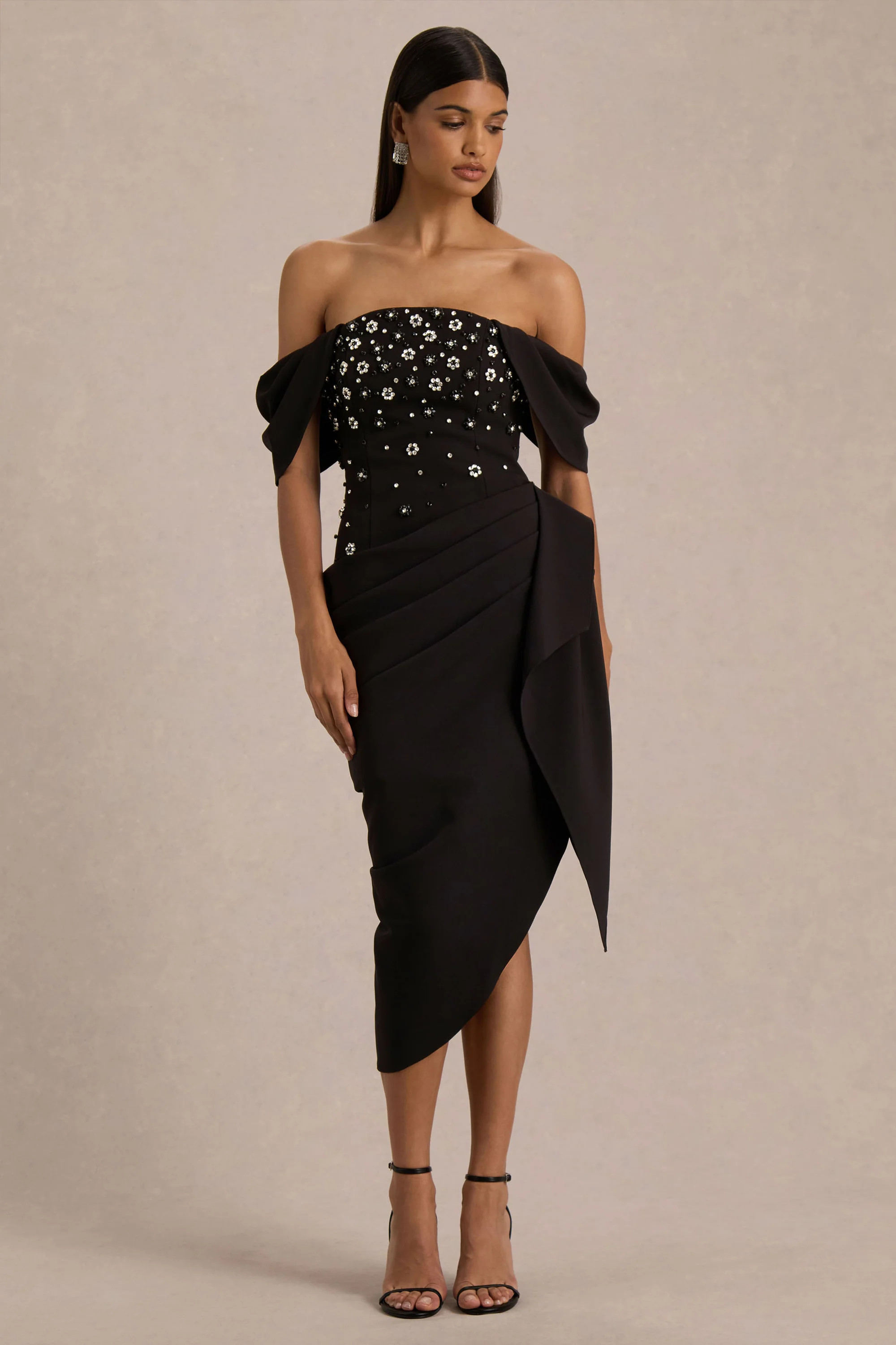 Sylvia | Black Hand-Embellished Bardot-Neck Midi Dress With Draped Satin-Wrap Skirt | Club L London