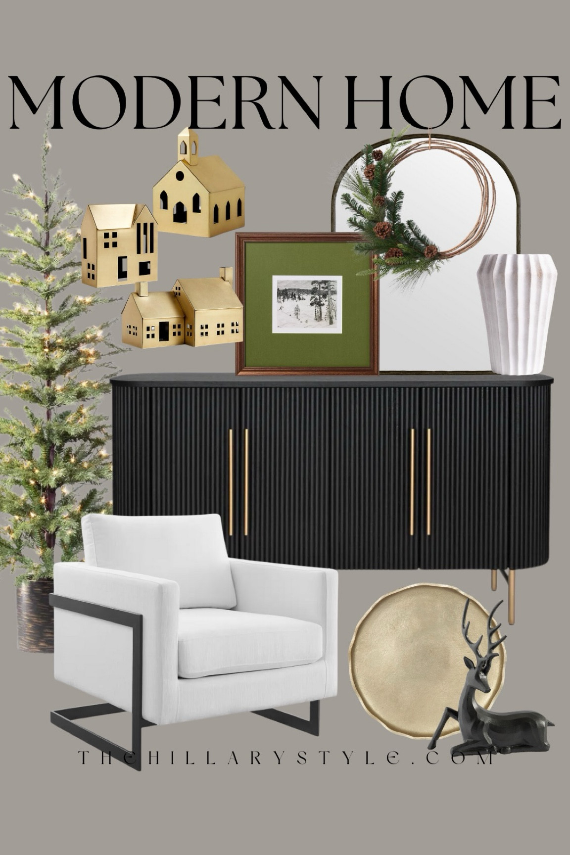 Modern Home: home decor and furniture finds for the modern organic holiday home. Black sideboard cabinet, black and white accent chair, faux pre-lit tree, bronze arched mirror, framed holiday art, wreath, gold tray, bronze reindeer, brass holiday house set, Christmas village, ribbed vase. Pottery Barn, Target, Crate & Barrel, Wayfair.

#LTKHoliday #LTKHome #LTKSeasonal