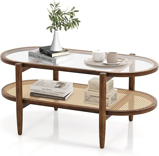 Tangkula Rattan Coffee Table, 40”L Boho Oval Acacia Wood Cocktail Table with Tempered Glass Tab... | Amazon (US)