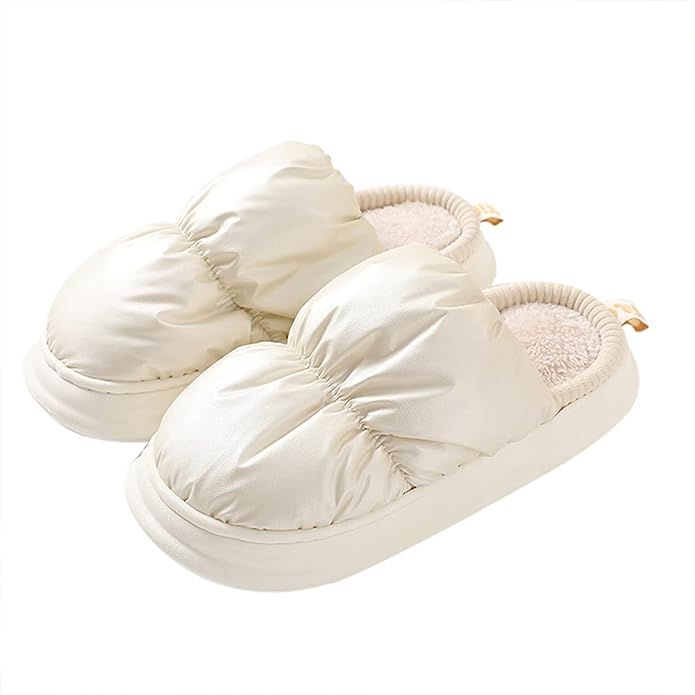 Amazon.com | Womens Winter Warm puffy down Slippers Slip On Bedroom Shoes Memory Foam Lamb Indoor... | Amazon (US)