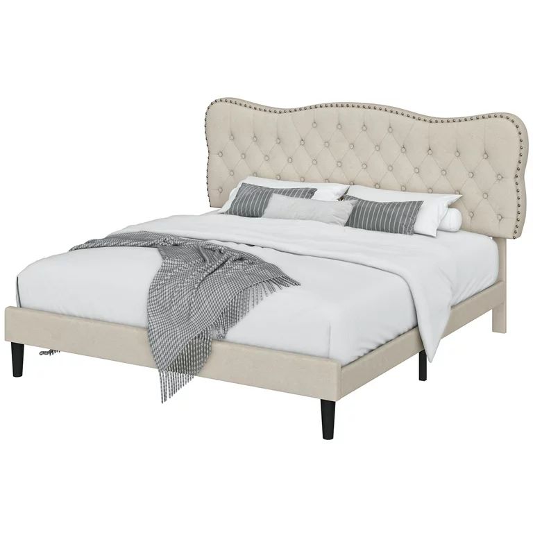 Homfa Queen Size Bed Frame, Linen Upholstered Platform Bed with Button Tufted Adjustable Headboar... | Walmart (US)