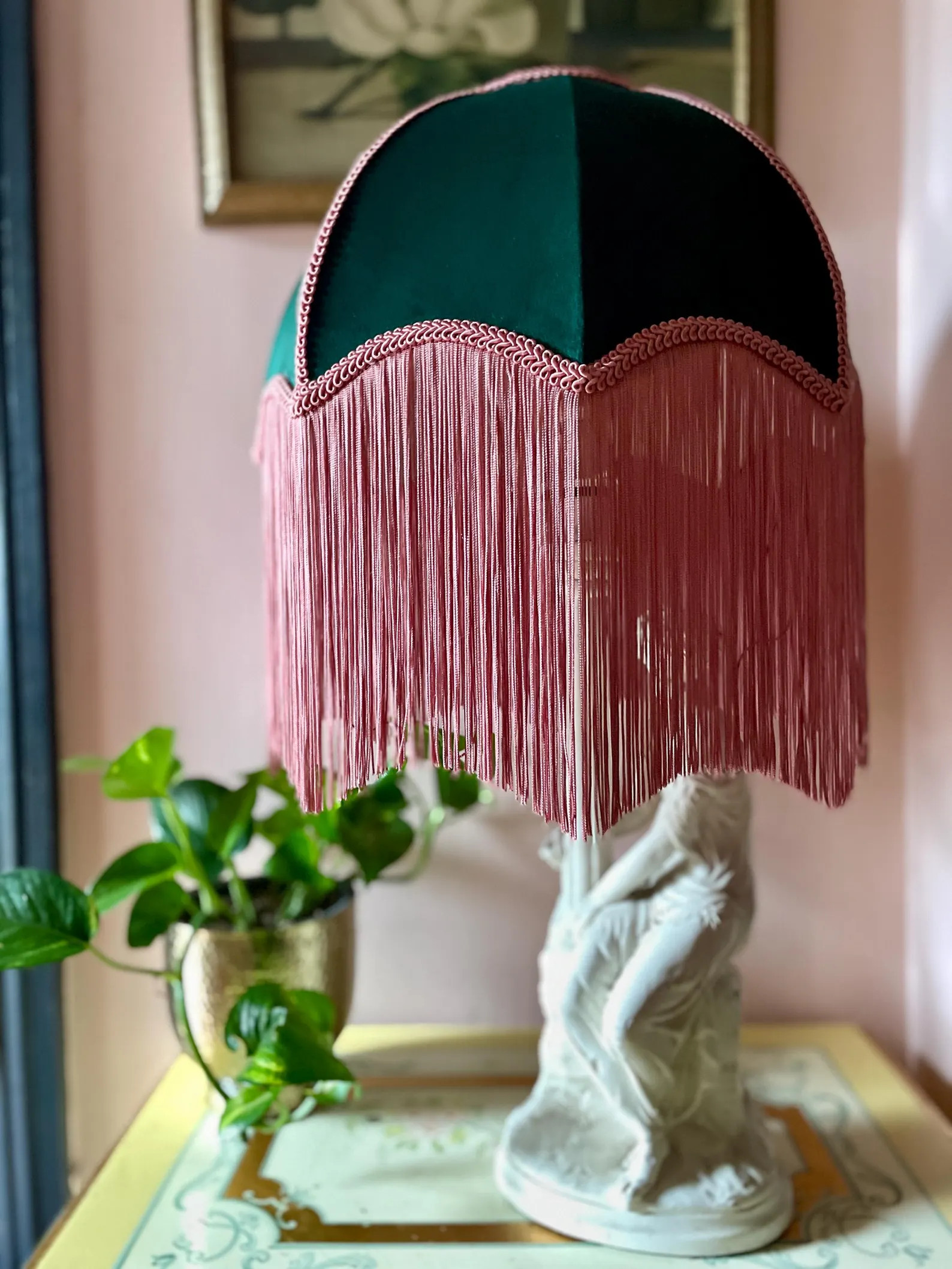 14”luxury Handmade Victorian Fringe Lampshade, Green and Pink Velvet Lampshade, Art Deco Lampsh... | Etsy (US)