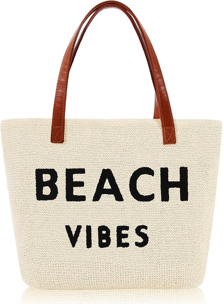 Genovega Straw Woven Beach Tote Bag Waterproof Sandproof with Zipper, Perfect for Travel Swim Gym... | Amazon (US)