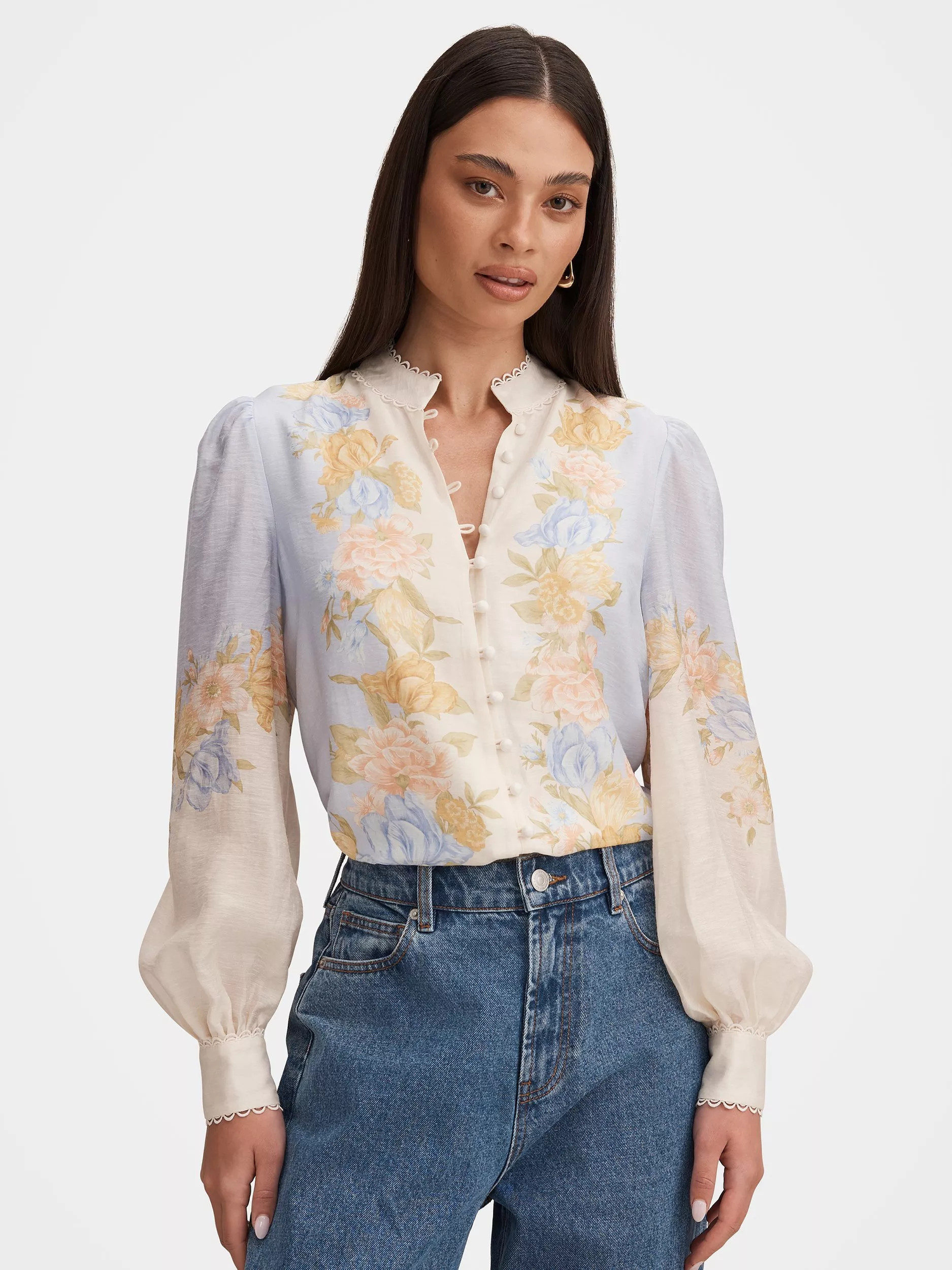 Forever New Emma Floral Trimmed Blouse, Blue Mercia Floral | John Lewis (UK)