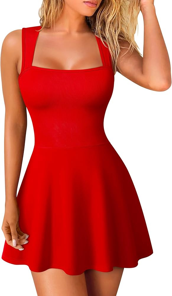 OQQ Women's Square Neck A-line Dress Sleeveless Tank Top Stretch Flare Mini Dresses | Amazon (US)