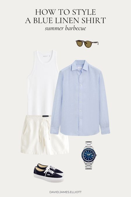 Summer bbq outfit with blue linen shirt and white linen pull-on shorts! 

#LTKMens