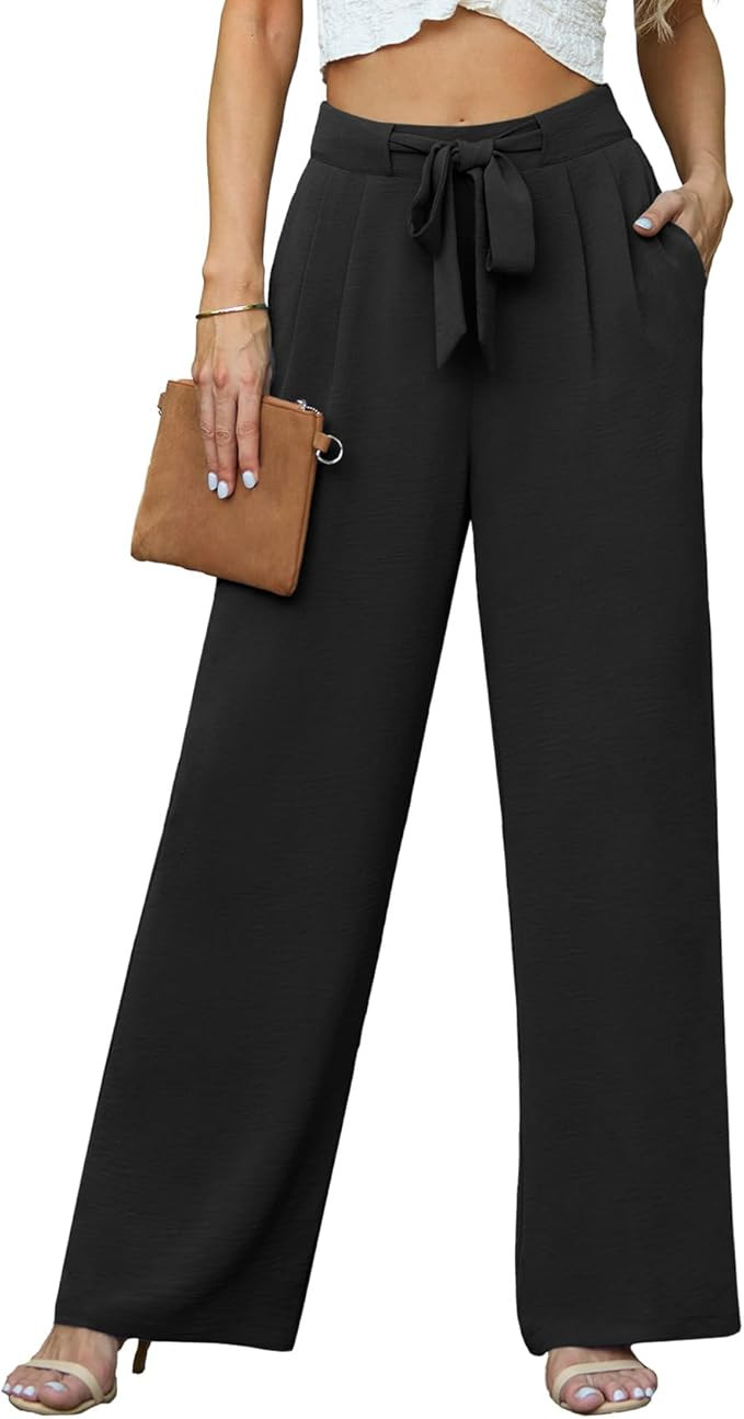 Lepunuo Women's High Waisted Wide Leg Flowy Pants Casual Palazzo Pants Work Adjustable Tie Knot P... | Amazon (US)