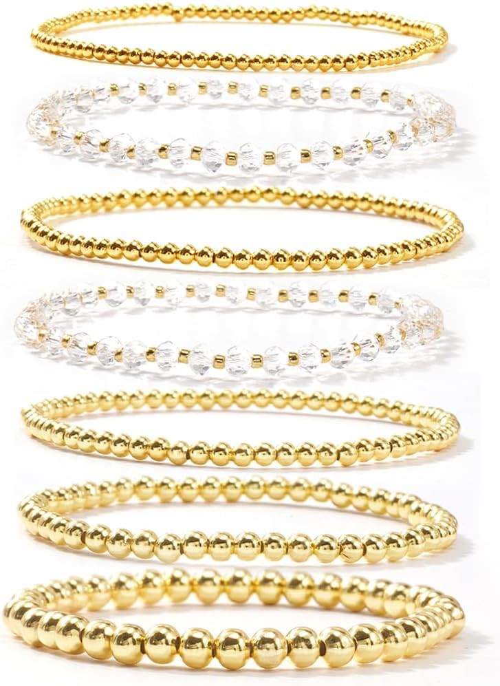 Dainty Cross Clover Gold Beaded Pearl Bracelet Stack for Women,Handmade Boho Gold Plated Beads Stretch Stackable Bracelets Fashion Birthday Prom Jewelry Accessories Gift Friendship | Amazon (US)