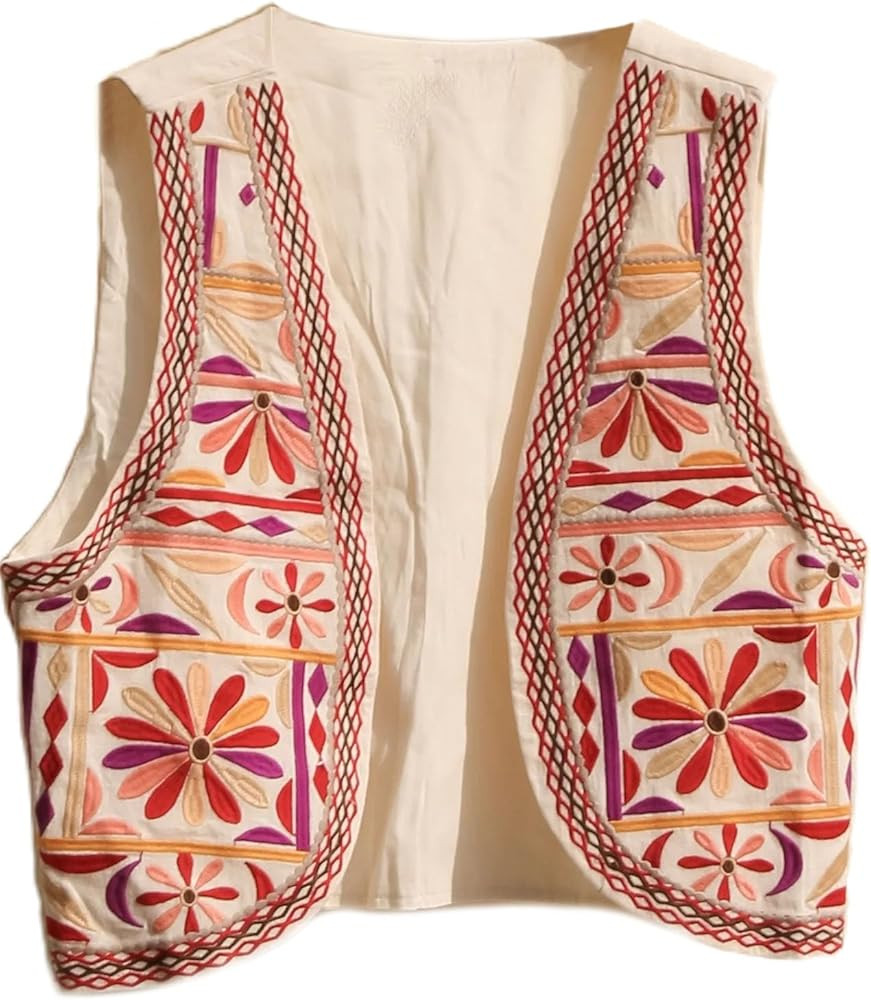 Women's Fashion Embroidered Vest Open Front Linen Ethnic Floral Crochet Tank Top Quilted Cotton C... | Amazon (US)
