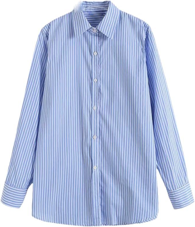 Spring Autumn Long Sleeve Stripe Poplin Blouse Lapel Loose Shirt Simple Casual Tops | Amazon (US)