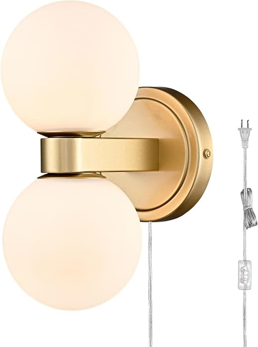 Mid Century Modern Plug in 2-Light Gold Wall Sconce with Milk Glass Shade | Amazon (US)